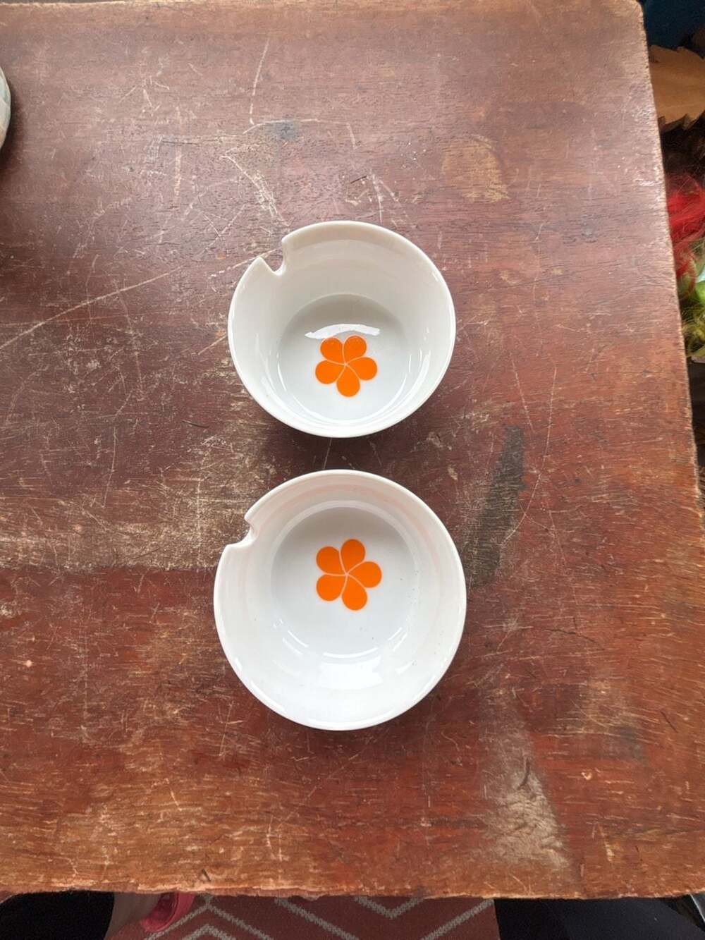 Vintage Ceramic Individual Ashtray Set White with Orange Flower Made in Japan